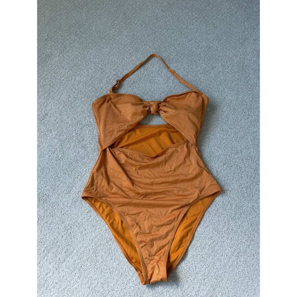 BCBG Paris Shimmer Cutout One Piece Swimsuit‎ Size XL Orange Metallic Knot Front
